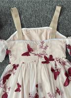 Sweet Butterfly Printed Strap Puff Sleeve Midi-Length Tulle Prom Dress Evening Dress