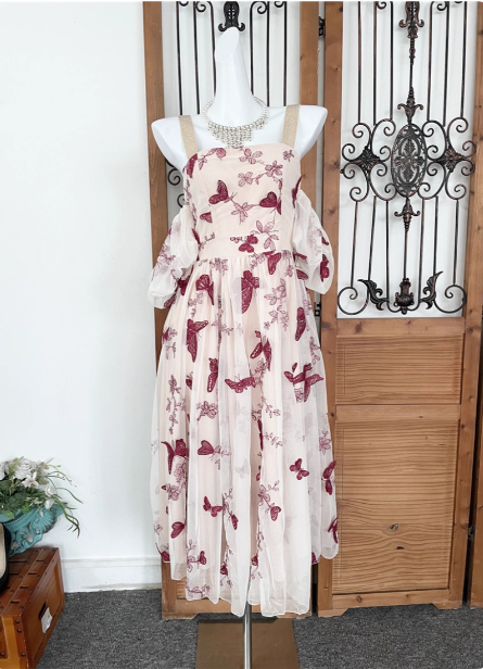 Sweet Butterfly Printed Strap Puff Sleeve Midi-Length Tulle Prom Dress Evening Dress Main image