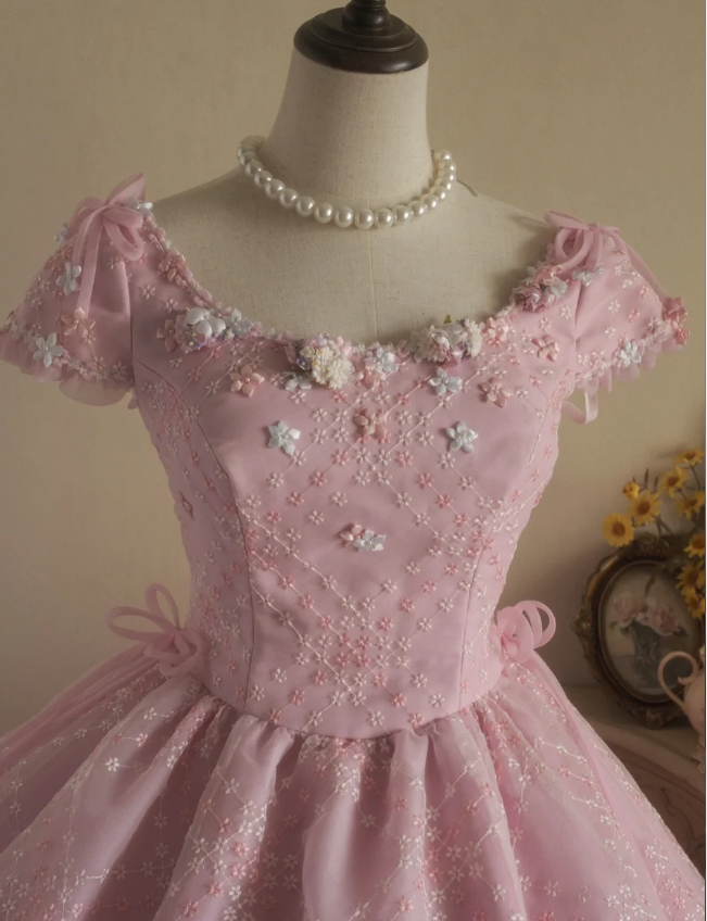 Sweet Court Light Pink Embroidered Floral Tulle Ball Gown Evening Dress Sweet 16 Dress