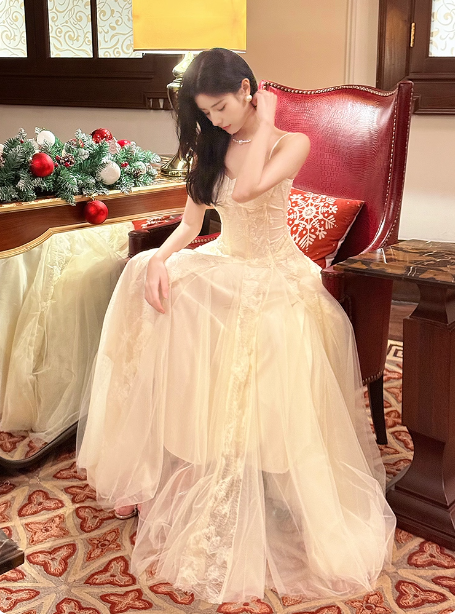 Sweet Cream Apricot A-Line Spaghetti Strap Lace Tulle Long Prom Dress Evening Dress