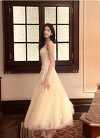 Sweet Cream Apricot A-Line Spaghetti Strap Lace Tulle Long Prom Dress Evening Dress