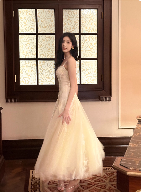 Sweet Cream Apricot A-Line Spaghetti Strap Lace Tulle Long Prom Dress Evening Dress