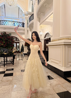 Sweet Cream Apricot A-Line Spaghetti Strap Lace Tulle Long Prom Dress Evening Dress