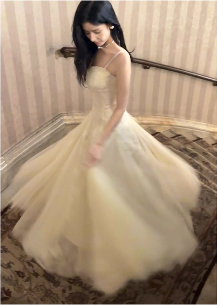 Sweet Cream Apricot A-Line Spaghetti Strap Lace Tulle Long Prom Dress Evening Dress Main image