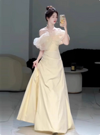 Sweet Cream Yellow A-Line Off-The-Shoulder Bow-Embellished High-Slit Satin Long Prom Dress Evening Dress