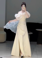 Sweet Cream Yellow A-Line Off-The-Shoulder Bow-Embellished High-Slit Satin Long Prom Dress Evening Dress