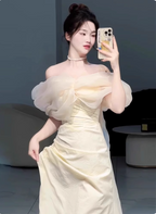 Sweet Cream Yellow A-Line Off-The-Shoulder Bow-Embellished High-Slit Satin Long Prom Dress Evening Dress