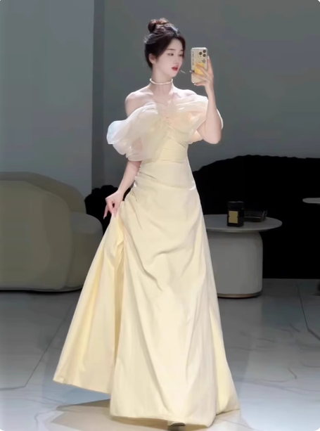 Sweet Cream Yellow A-Line Off-The-Shoulder Bow-Embellished High-Slit Satin Long Prom Dress Evening Dress Main image