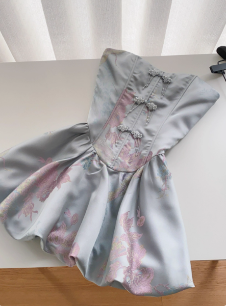 Sweet French Beaded Button Sleeveless Tube Top Jacquard Birthday Short Skirt Homecoming Dress