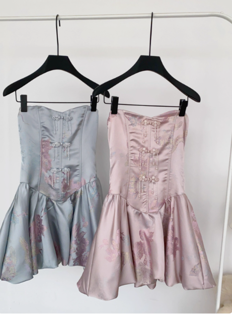 Sweet French Beaded Button Sleeveless Tube Top Jacquard Birthday Short Skirt Homecoming Dress