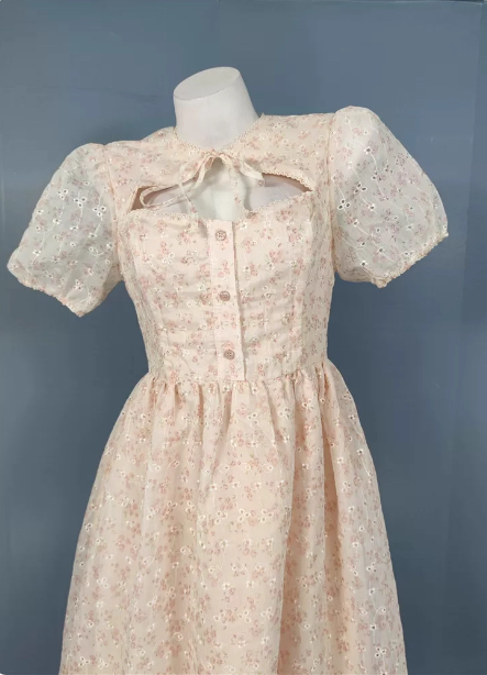 Sweet Light Apricot A-Line Floral Print Puff Sleeve Chiffon Prom Dress