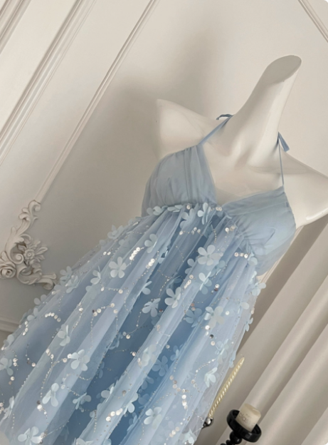 Sweet Light Blue Heavy Sequin Embroidery Three-Dimensional Flower Halter Neck Mesh Birthday Short Skirt Homecoming Dress