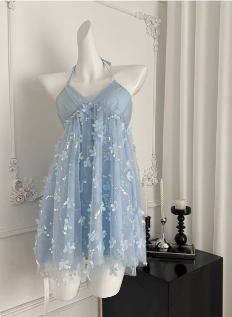 Sweet Light Blue Heavy Sequin Embroidery Three-Dimensional Flower Halter Neck Mesh Birthday Short Skirt Homecoming Dress Main image