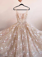 Sweet Light Champagne A-Line Tulle Sequin Applique Long Prom Dress Prom Dress Birthday Dress