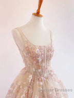 Sweet Light Champagne A-Line Tulle Sequin Applique Long Prom Dress Prom Dress Birthday Dress