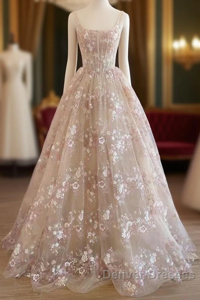 Sweet Light Champagne A-Line Tulle Sequin Applique Long Prom Dress Prom Dress Birthday Dress