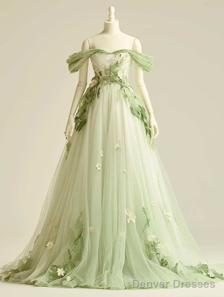 Sweet Light Green A-Line Off Shoulder Neck Tulle Long Prom Dress Birthday Prom Dress Secondary image