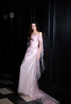 Sweet Light Pink Mermaid Off-Shoulder Organza Prom Dress Evening Dress
