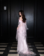 Sweet Light Pink Mermaid Off-Shoulder Organza Prom Dress Evening Dress
