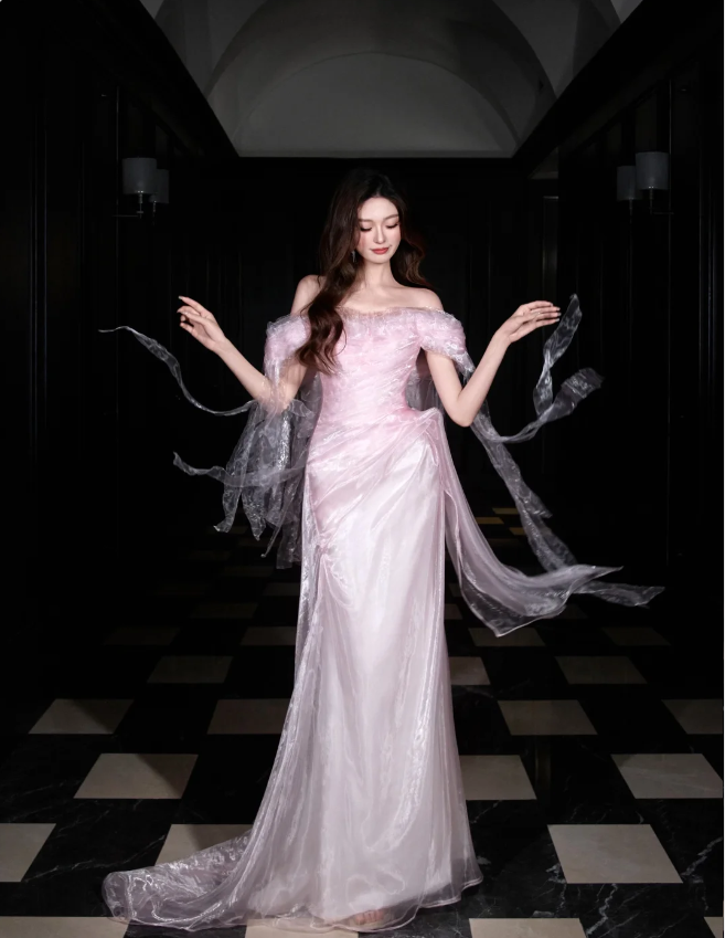Sweet Light Pink Mermaid Off-Shoulder Organza Prom Dress Evening Dress