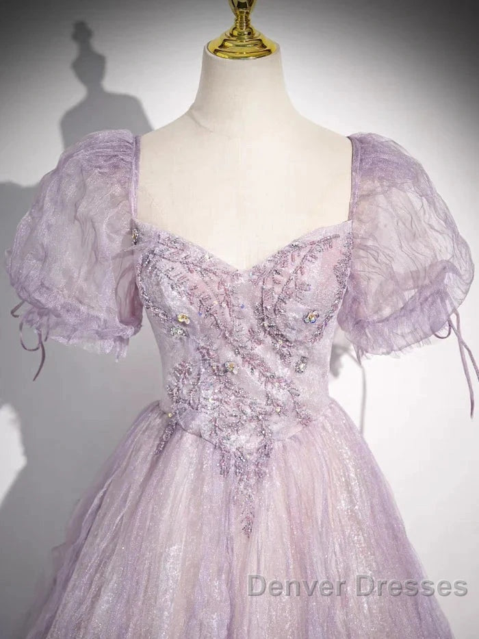 Sweet Lilac A-Line Sweetheart Tulle Beaded Long Prom Dress Puffy Sleeves Graduation Dress Secondary image
