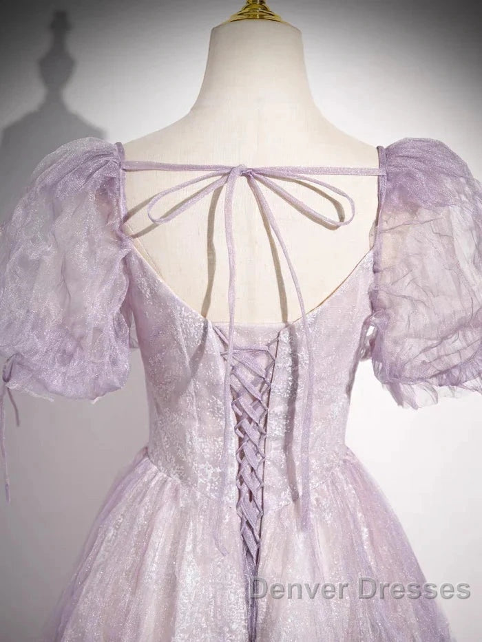Sweet Lilac A-Line Sweetheart Tulle Beaded Long Prom Dress Puffy Sleeves Graduation Dress