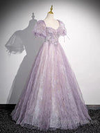 Sweet Lilac A-Line Sweetheart Tulle Beaded Long Prom Dress Puffy Sleeves Graduation Dress