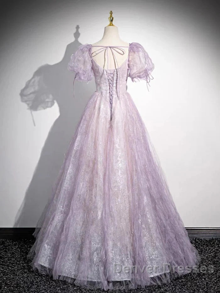 Sweet Lilac A-Line Sweetheart Tulle Beaded Long Prom Dress Puffy Sleeves Graduation Dress