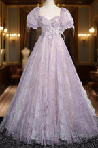 Sweet Lilac A-Line Sweetheart Tulle Beaded Long Prom Dress Puffy Sleeves Graduation Dress
