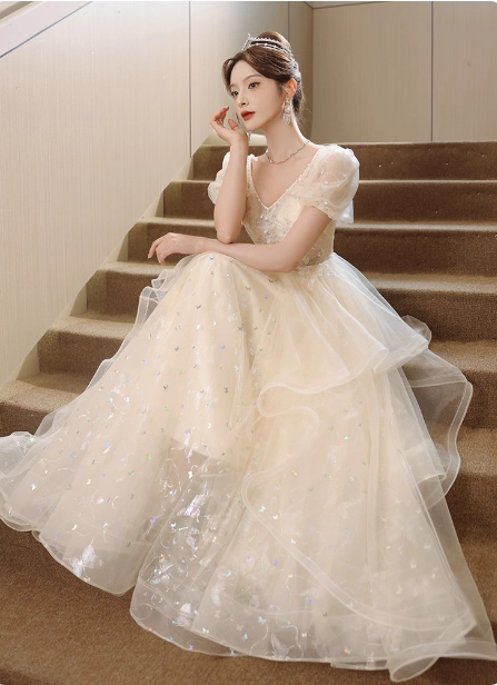 Sweet Milk Apricot A-Line Puff Short Sleeve Tulle Long Prom Dress Evening Dress Secondary image