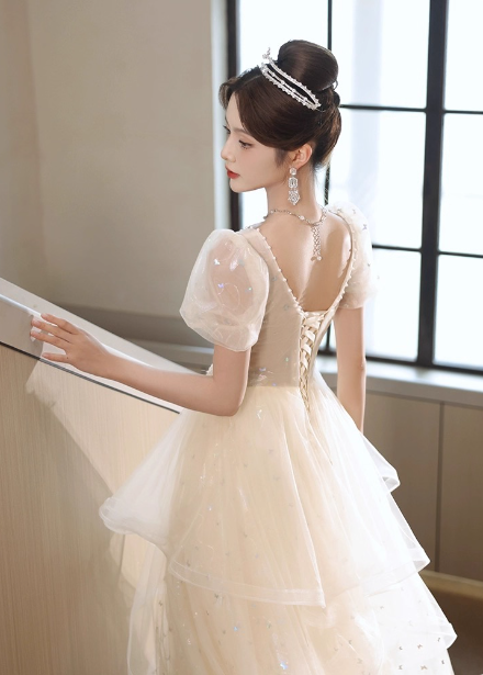 Sweet Milk Apricot A-Line Puff Short Sleeve Tulle Long Prom Dress Evening Dress