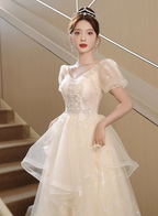 Sweet Milk Apricot A-Line Puff Short Sleeve Tulle Long Prom Dress Evening Dress