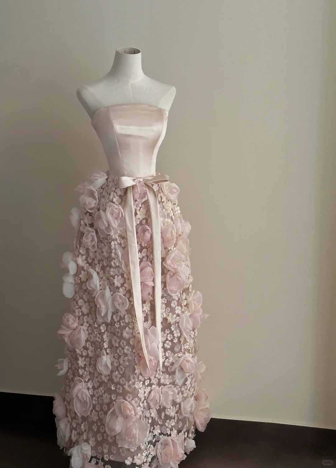 Sweet Pale Pink A-Line 3D Floral Satin And Tulle Long Prom Dress Evening Dress Wedding Dress Secondary image