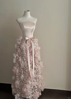 Sweet Pale Pink A-Line 3D Floral Satin And Tulle Long Prom Dress Evening Dress Wedding Dress