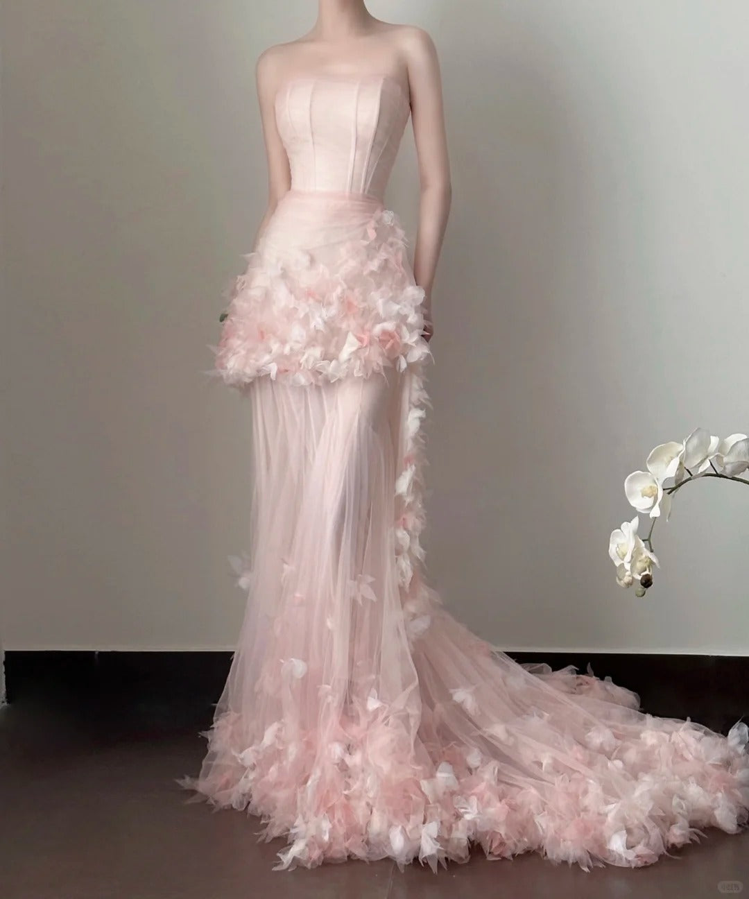 Sweet Pale Pink Mermaid Tail Three-Dimensional Petal Long Prom Dress Evening Dress Wedding Dress