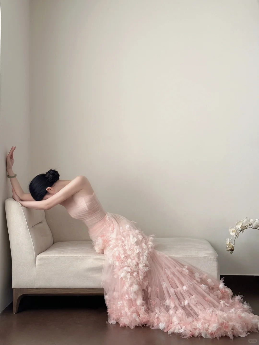 Sweet Pale Pink Mermaid Tail Three-Dimensional Petal Long Prom Dress Evening Dress Wedding Dress