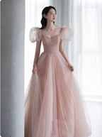 Sweet Pink A-Line Puff Sleeve Beaded Tulle Long Prom Dress Evening Dress