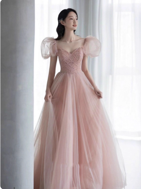 Sweet Pink A-Line Puff Sleeve Beaded Tulle Long Prom Dress Evening Dress