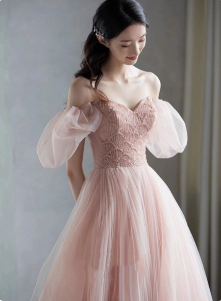 Sweet Pink A-Line Puff Sleeve Beaded Tulle Long Prom Dress Evening Dress