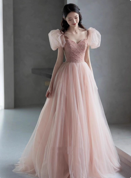 Sweet Pink A-Line Puff Sleeve Beaded Tulle Long Prom Dress Evening Dress