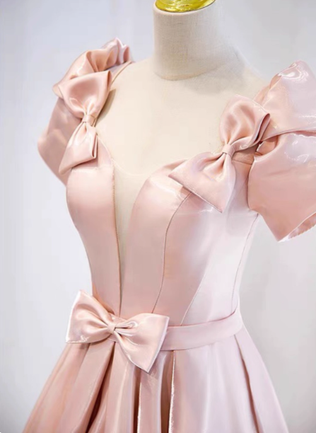 Sweet Pink A-Line Puff Sleeve Bow Satin Long Prom Dress Evening Dress Secondary image