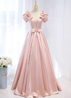 Sweet Pink A-Line Puff Sleeve Bow Satin Long Prom Dress Evening Dress