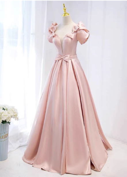 Sweet Pink A-Line Puff Sleeve Bow Satin Long Prom Dress Evening Dress Main image