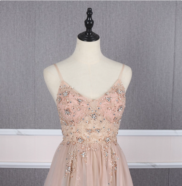 Sweet Pink A-Line Spaghetti Strap V-Neck Beaded Tulle Train Prom Dress Evening Dress Secondary image