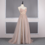 Sweet Pink A-Line Spaghetti Strap V-Neck Beaded Tulle Train Prom Dress Evening Dress