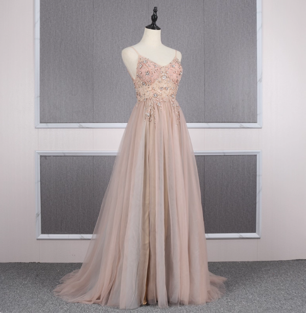 Sweet Pink A-Line Spaghetti Strap V-Neck Beaded Tulle Train Prom Dress Evening Dress