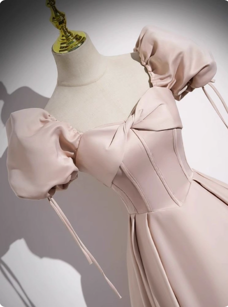 Sweet Pink A-Line Square Neck Puff Sleeve Satin Long Prom Dress Evening Dress Secondary image