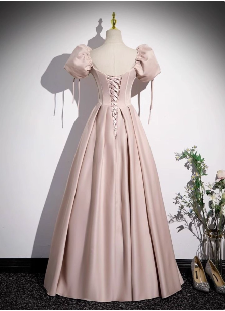 Sweet Pink A-Line Square Neck Puff Sleeve Satin Long Prom Dress Evening Dress