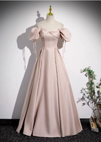 Sweet Pink A-Line Square Neck Puff Sleeve Satin Long Prom Dress Evening Dress
