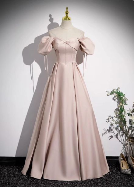 Sweet Pink A-Line Square Neck Puff Sleeve Satin Long Prom Dress Evening Dress